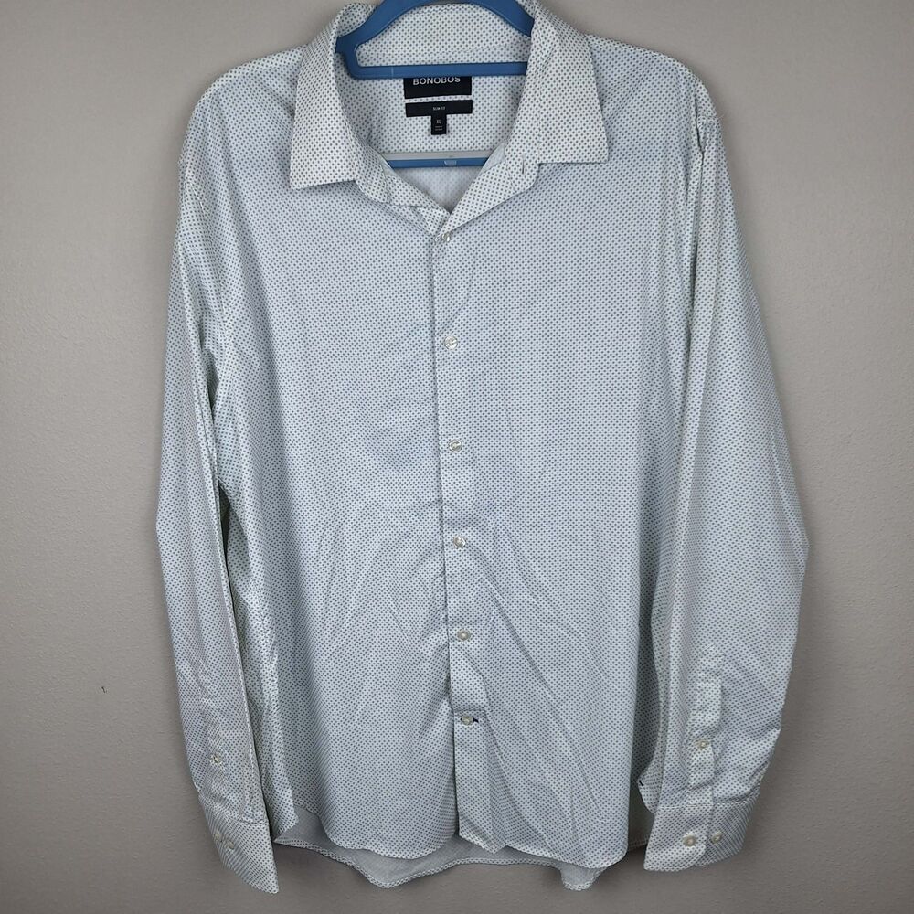 Bonobos Performance Shirt Mens Size XL Slim Fit Nylon Blend White w/ Blue Dots